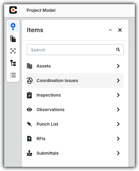 This shows the Items panel with Coordination Issues highlighted in the Next-Gen Viewer of the Model Manager tool.