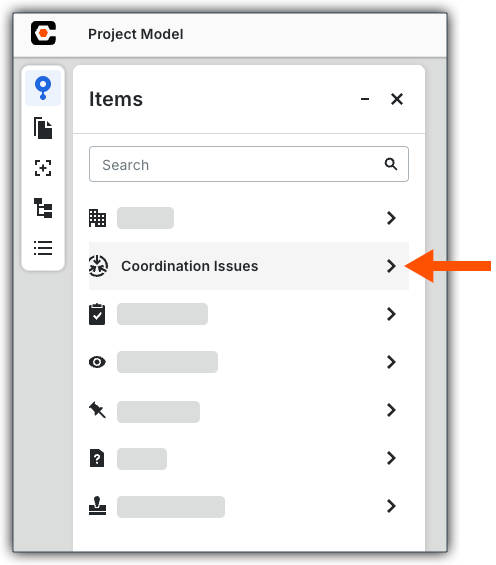 This shows the Items panel with Coordination Issues highlighted in the Next-Gen Viewer of the Model Manager tool.