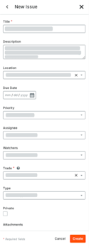 This image shows the New Issue panel after a user clicks the Create button at the top of the Project level Coordination Issues tool.