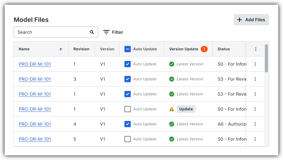 The Model Files card in the Model Manager provides access to trade-specific files that make up the federated Project Model. From here, users can add files, manage revisions, set auto-updates while tracking version status, and toggle file privacy between private and shared. 