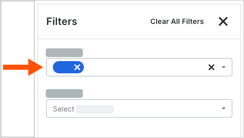 This image shows an open Filters panel with an arrow showing users how to select a filter to apply to a data table. 