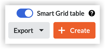 UI panel with a blue toggle for Smart Grid table, an Export button, and an orange Create button.
