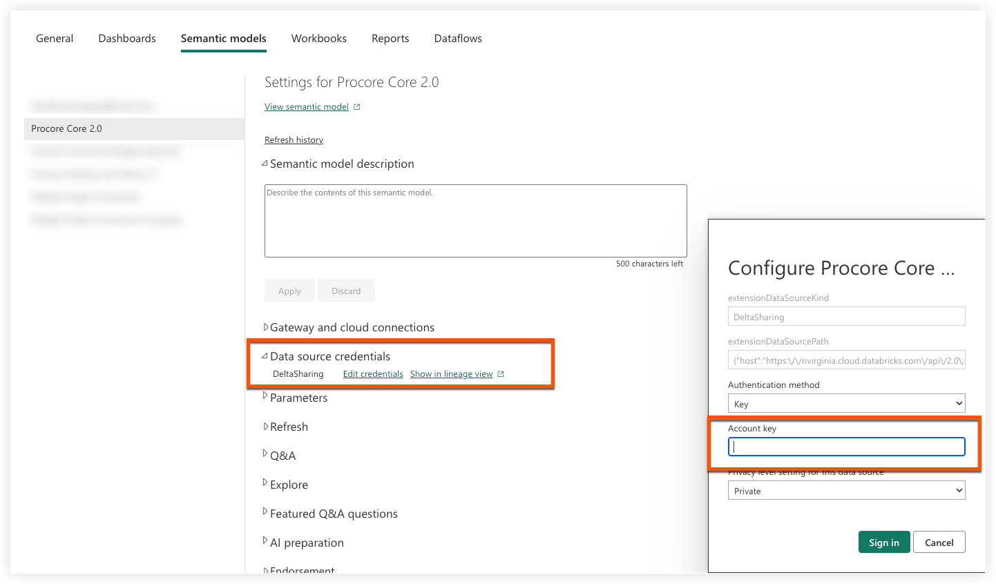 Procore Core 2.0 settings interface showing semantic model configuration with data source credentials and account key input fields.