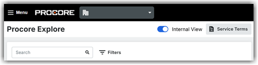 Procore Explore interface showing search bar, filters option, and the service terms button in the header navigation.