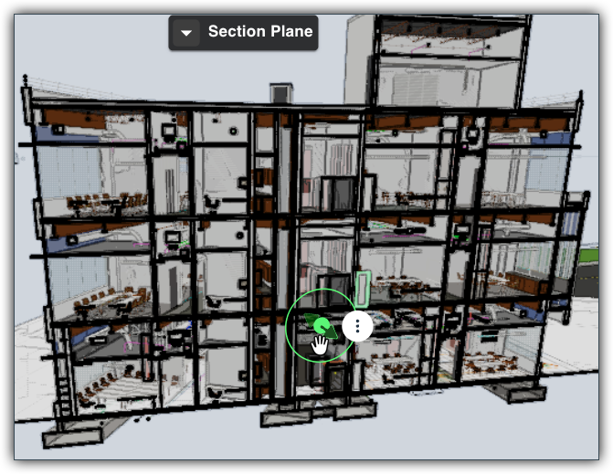 This image shows a section plane that has just been placed on a model with the Hand icon showing, which indicates the user can move the plane. 