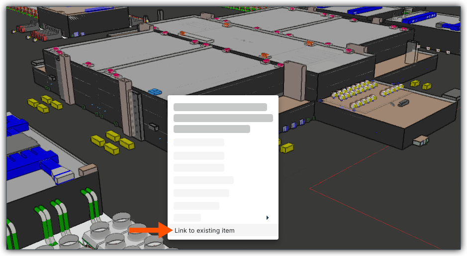 This image shows the Link to existing item context menu option that is available when Items is selected in the left toolbar of the Next Gen Viewer in the Model Manager tool. 