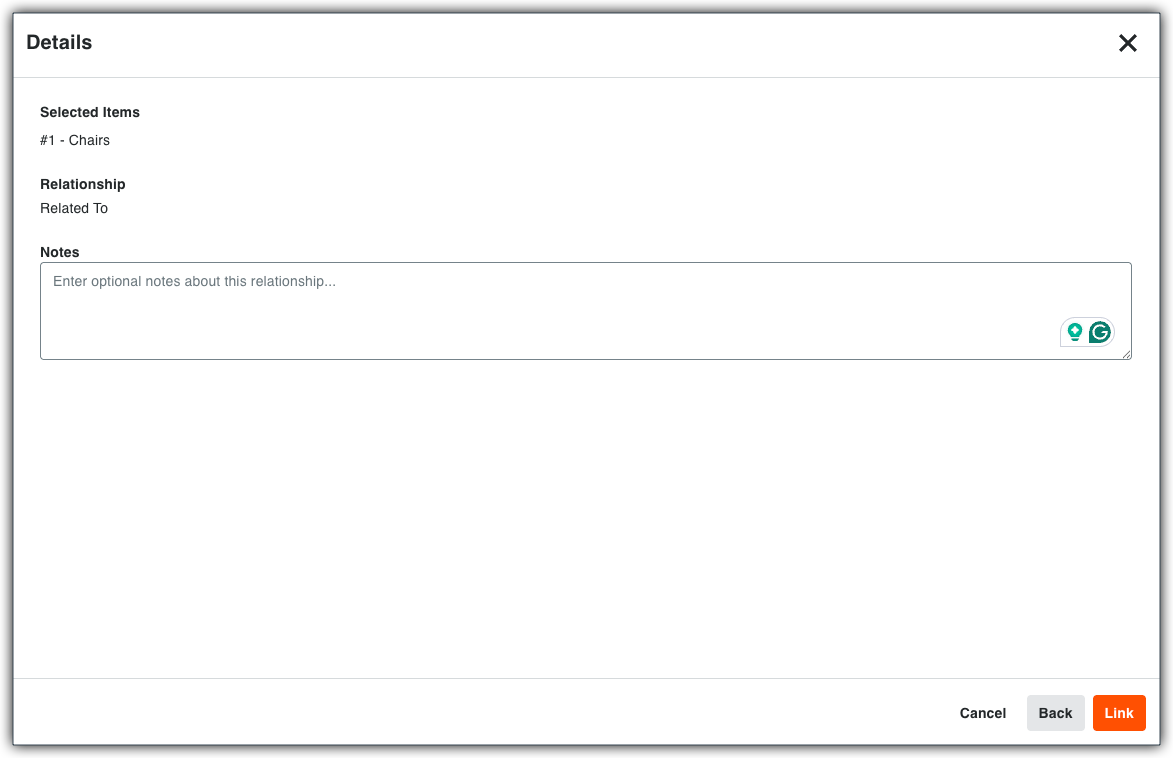 This image shows the Details window where users enter comments before linking a model object to a supported Procore item in the Next-Gen Viewer of the Model Manager tool. 