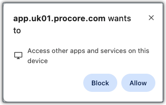 This image shows the Access other apps and services on this device prompt for the user's corresponding File Storage Location. 