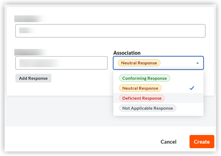A form with an Association dropdown open, showing response options: Conforming, Neutral, Deficient, and Not Applicable. Neutral is selected.