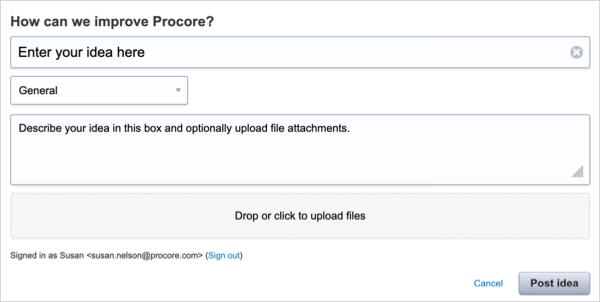 Enter your idea in the box provided, select a product from the Category list. Next, describe your idea, upload file attachments, and click the Post idea button. 