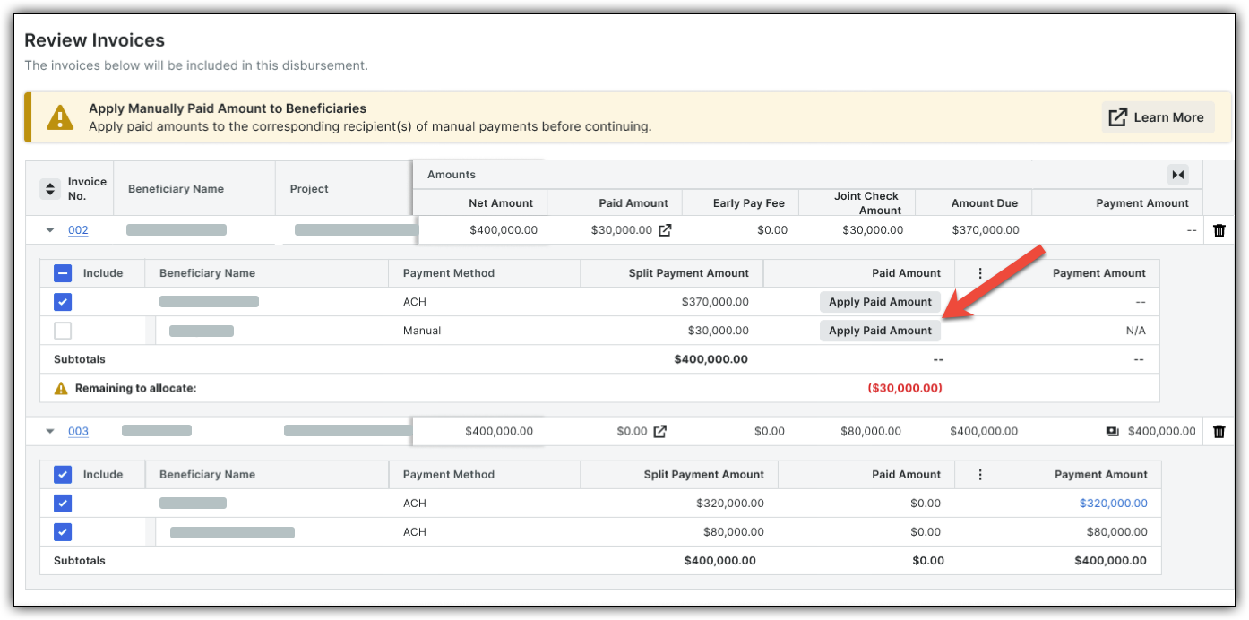 Invoice review interface showing payment details with a red arrow pointing to 