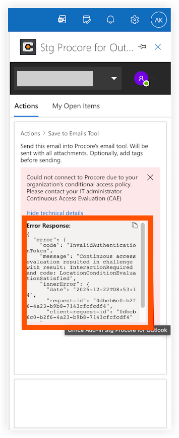 Error message in Outlook add-in showing authentication failure with Procore due to conditional access policy restrictions.