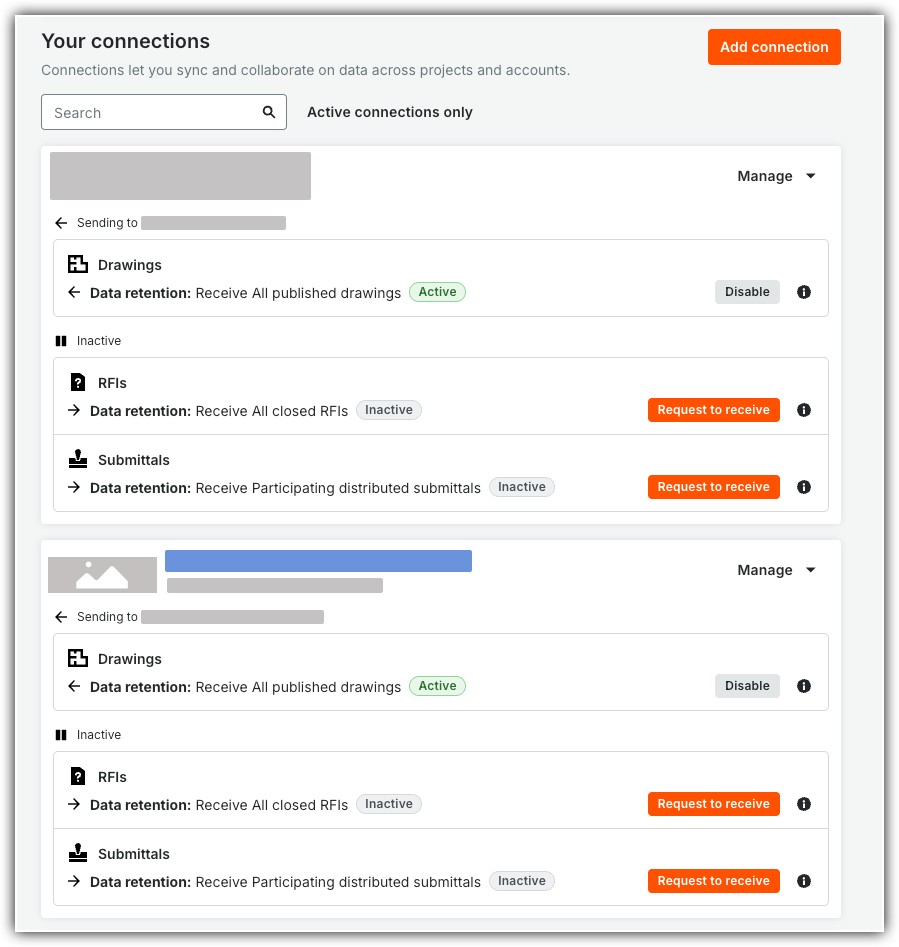 Your Connections page showing active and inactive data sync connections with options to manage, disable, or request to receive.