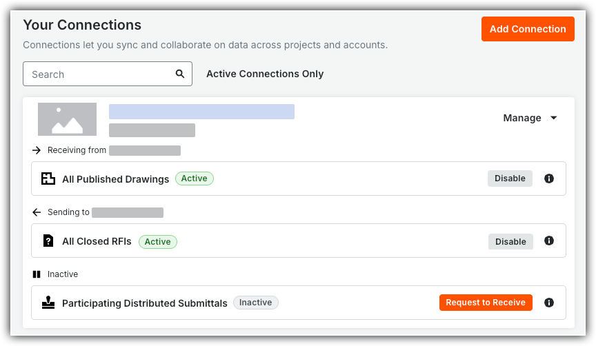Your Connections page showing active and inactive data sync connections with options to manage, disable, or request to receive.
