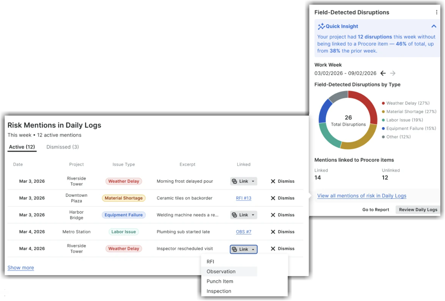 This screenshot is an example of the Project Field-Detected Disruptions Insights.