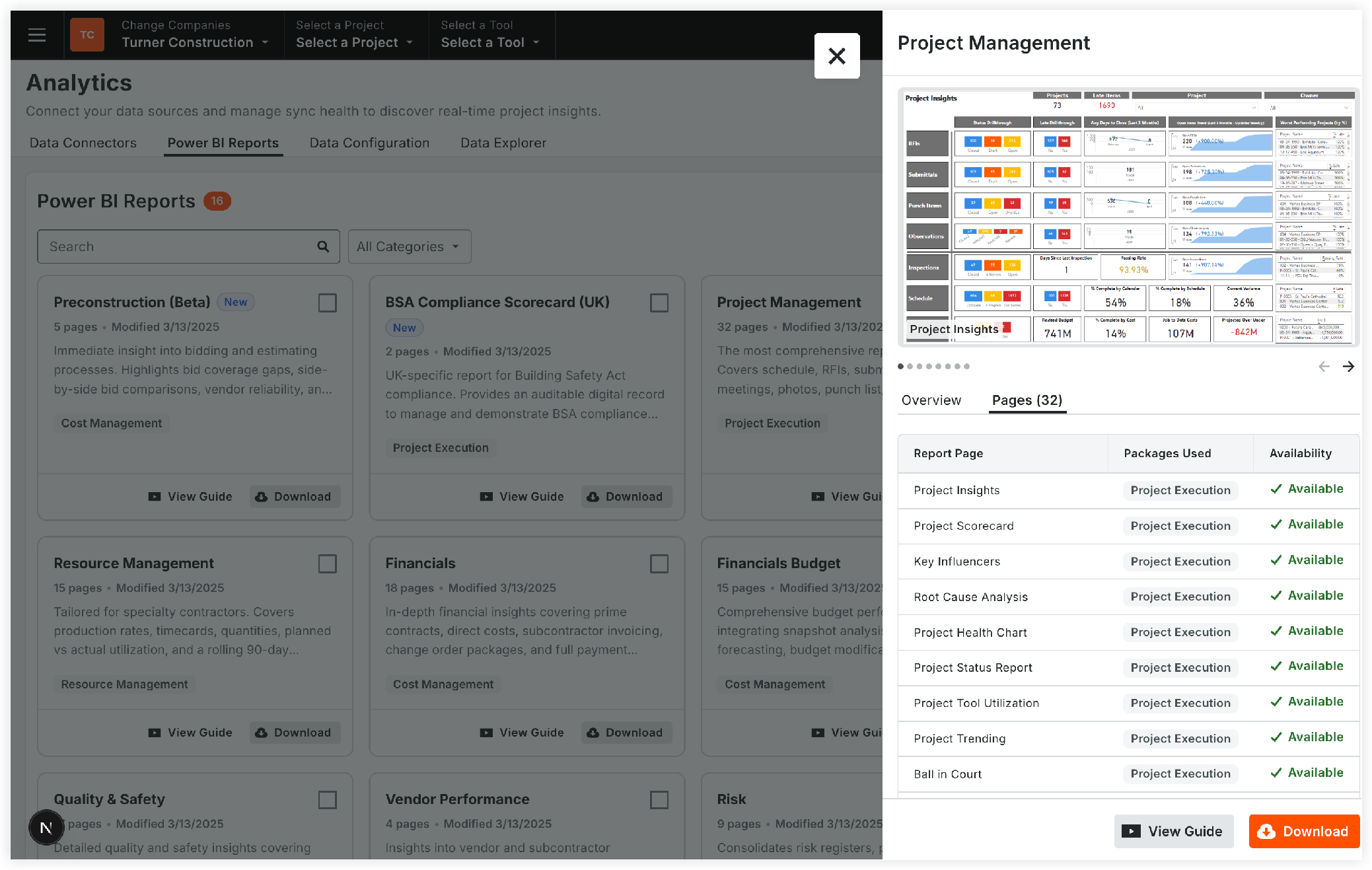 Analytics dashboard showing Power BI Reports list with a Project Management report panel open displaying pages and availability status.