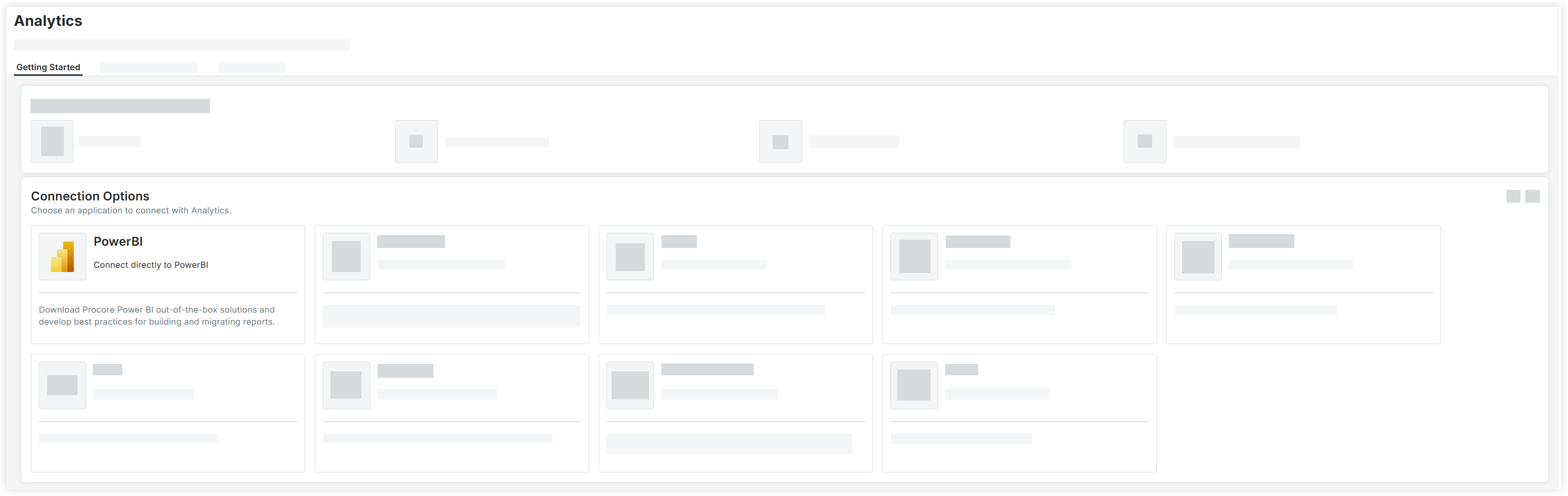 Analytics dashboard showing connection options with Power BI highlighted, featuring multiple integration tiles for data reporting.