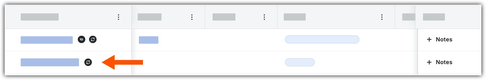 A table UI with two rows showing blue placeholder fields, sync icons, and an orange arrow pointing to a sync button.