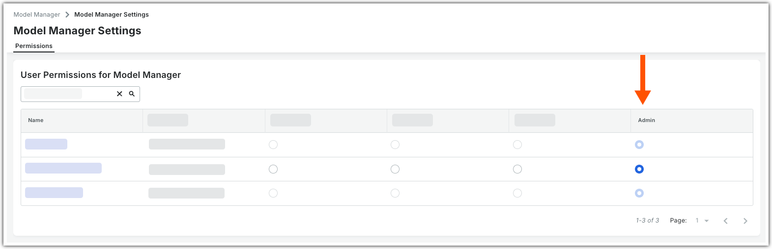 This image shows the Permissions tab in the Configure Settings tab of the project's Model Manager tool. 