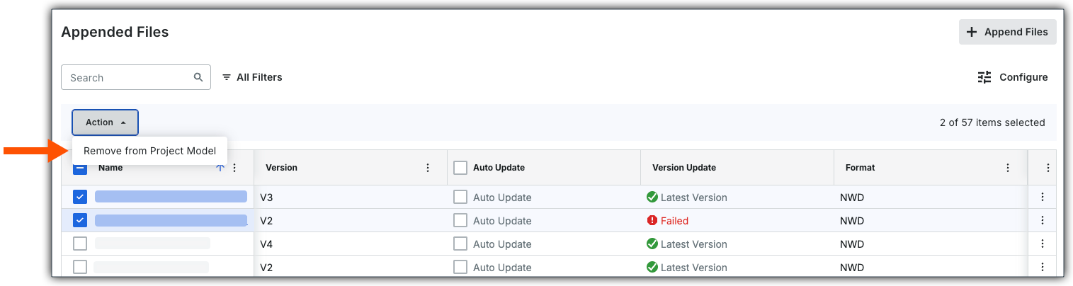 This image shows the Appended Files card with file sections that activate the Action menu with the Remove from Project model option selected.