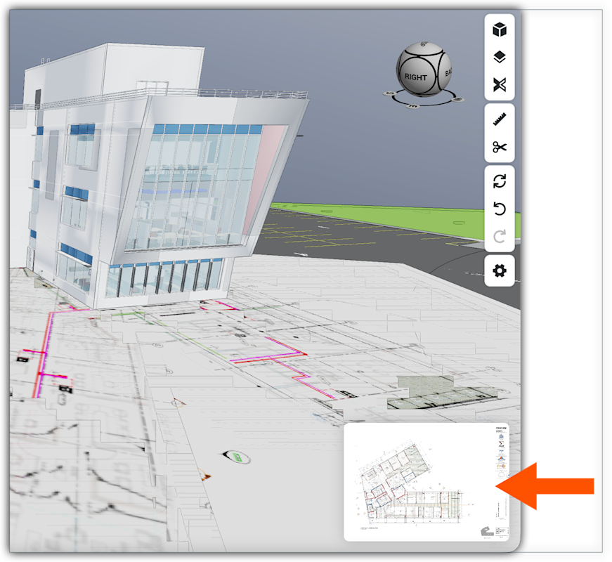This image shows a federated project model in the Next-Gen Viewer with a 2D sheet in the lower right corner.