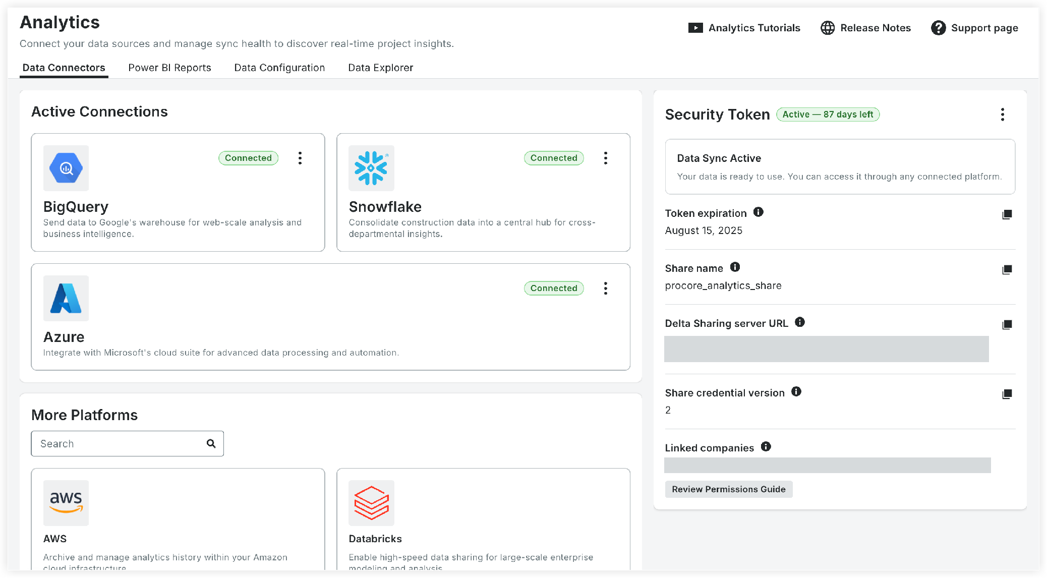 Analytics dashboard showing active data connectors for BigQuery, Snowflake, and Azure, plus a Security Token panel with sync status.