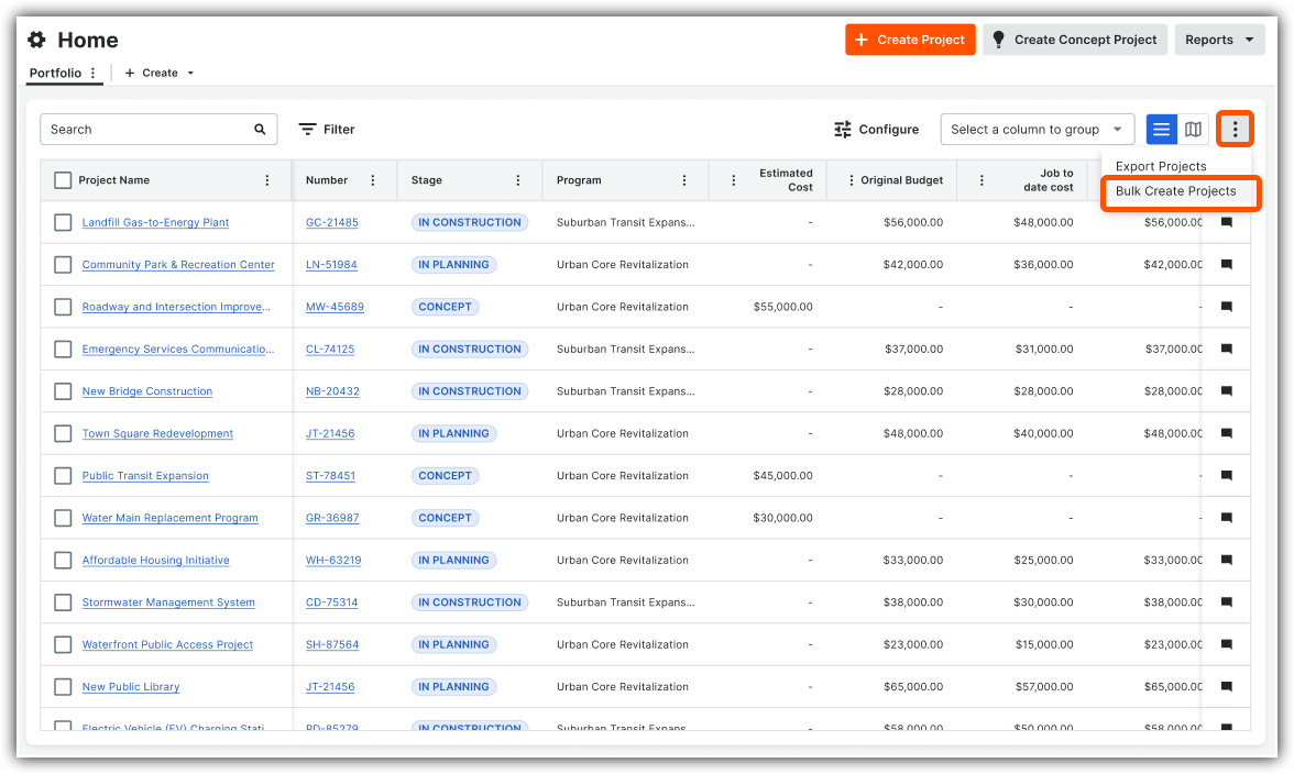 Project management home screen showing a portfolio list with 