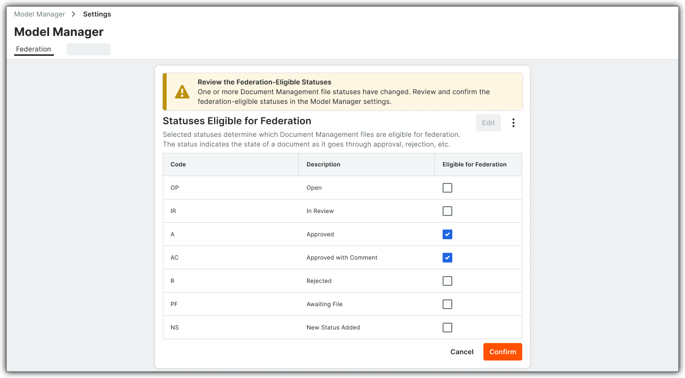 This shows the Statuses Eligible for Federation card in the Federation tab of the Configure Settings page in the Model Manager tool. 