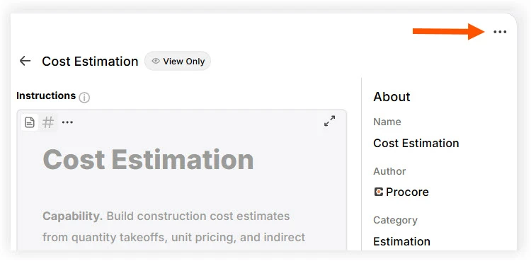 Where the more menu is located for a skill in Procore AI
