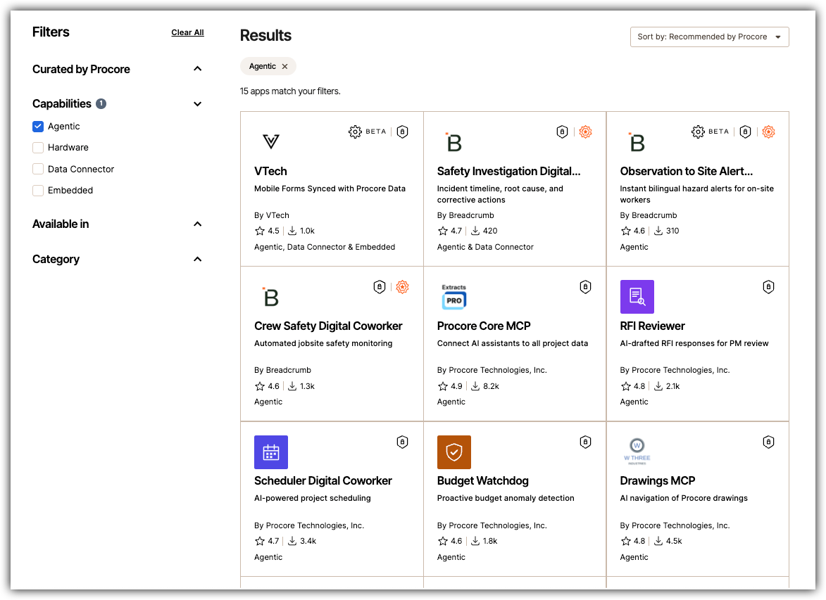 Procore marketplace filtered by Agentic capability, showing 15 app results including VTech, Safety Investigation, and RFI Reviewer.