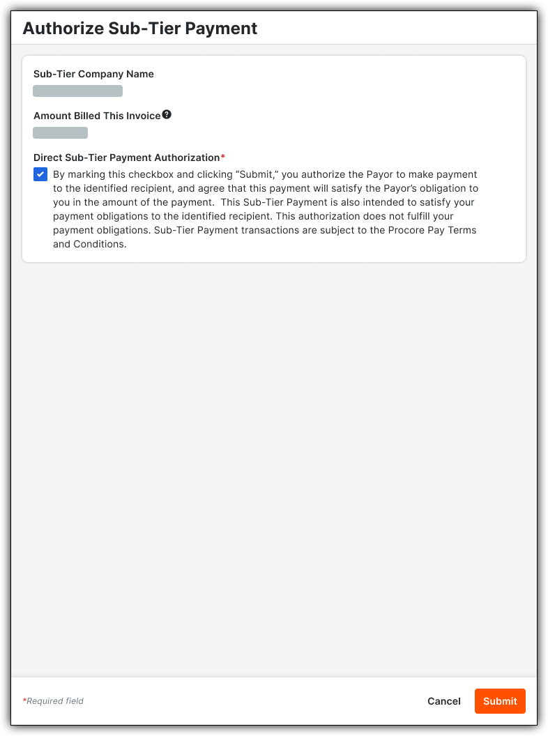Sub-tier payment authorization form with company name field, invoice amount, authorization checkbox selected, and submit button.