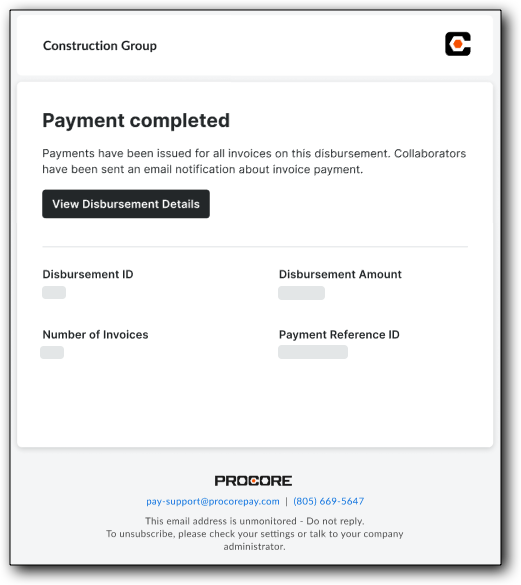 Payment email confirmation showing completed disbursement with invoice details and Procore support information.