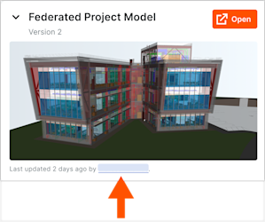 This image shows the user name link at the bottom of the Federated Project Model card in the Admin view of the Model Manager landing page. 