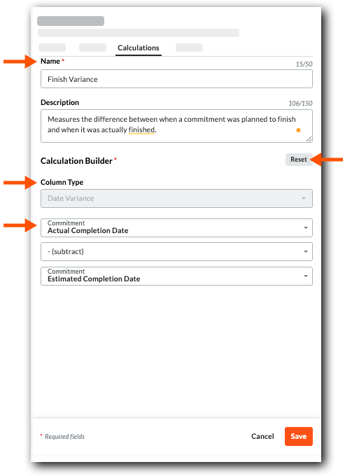 Show the Calculations tab with data entry to instruct users how to set up a calculation for Finish Variance.