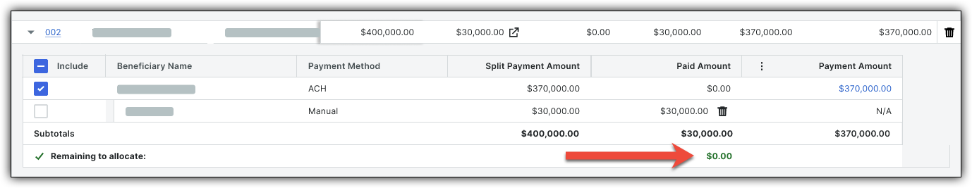 Direct Subtier payment interface showing $400,000 total with $370,000 via ACH and $30,000 manual payment, with $0 remaining to allocate.