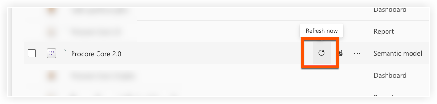 Dashboard interface showing Procore Core 2.0 with refresh button highlighted in orange and loading spinner visible.