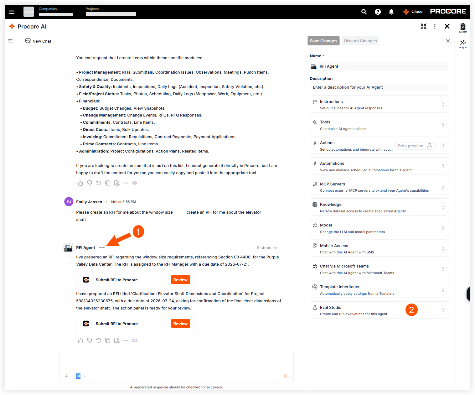 How to get to the Eval Studio button in the Agent Configuration panel.