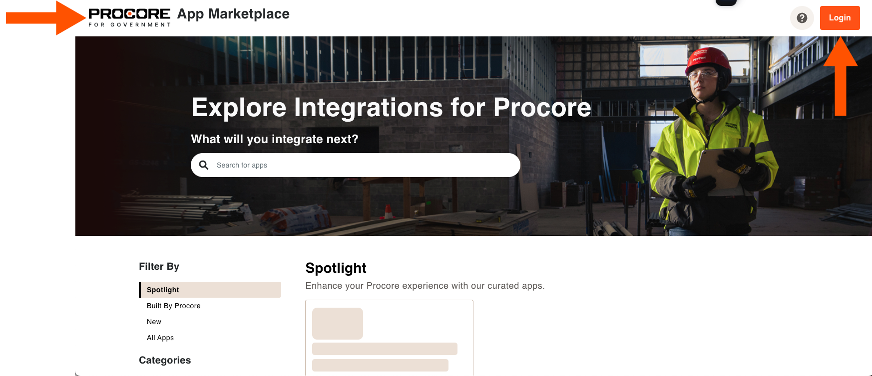 The Procore for Government logo appears in the upper left corner of the App Marketplace for apps that are approved for FedRAMP.