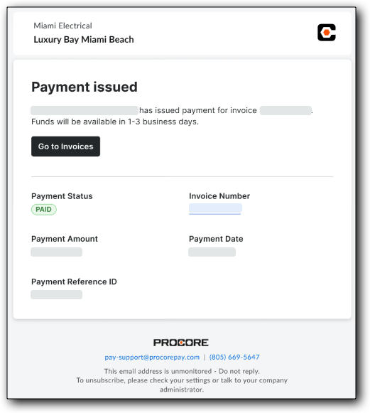 Payment confirmation email from Procore showing a paid invoice with status details and payment information.