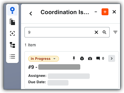 This image shows the Items panel with an entry in the Search field of the Coordination Issues items list and a matching item card. 
