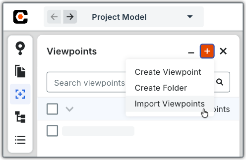 This image shows the Viewpoints panel with the Import Viewpoints menu option displayed in the Next-Gen Viewer of the Model Manager tool. 