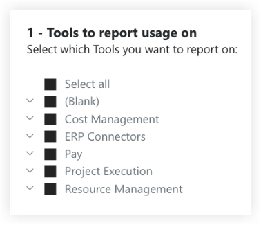 A filter panel listing tools to report on, with checkboxes for Cost Management, ERP Connectors, Pay, Project Execution, and Resource Management.