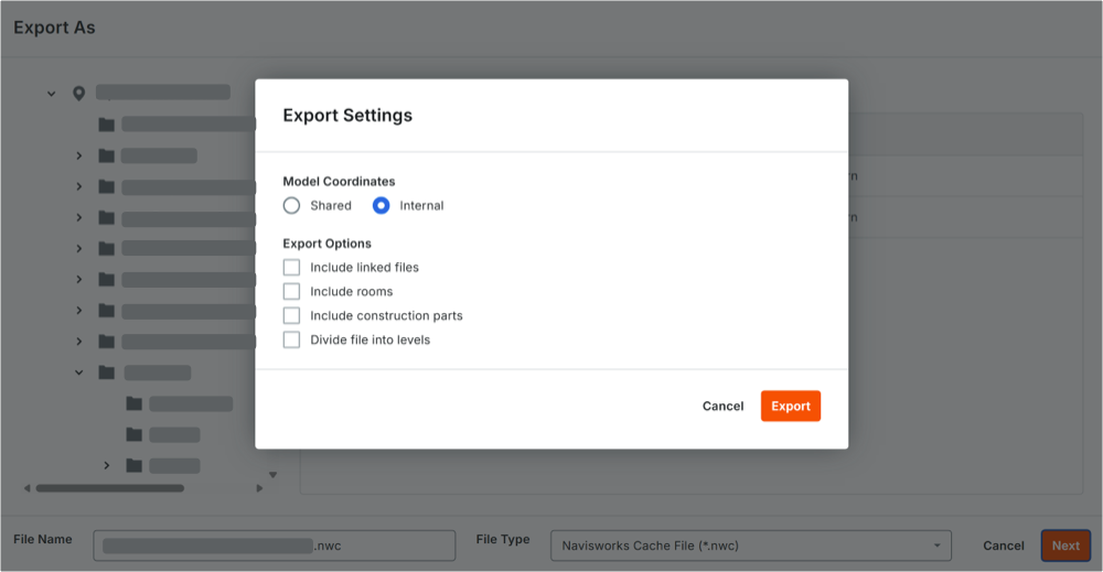 This image shows the Export Settings window that is available to end users when exporting a Navisworks Cache File (NWC) from Revit with the Procore BIM Plugin