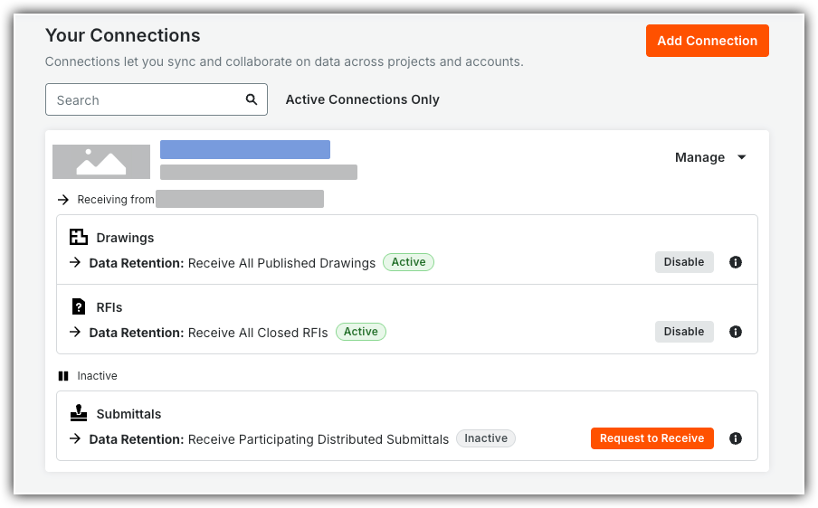 Your Connections page showing a Procore integration with active Drawings and RFIs, and an inactive Submittals data retention setting.