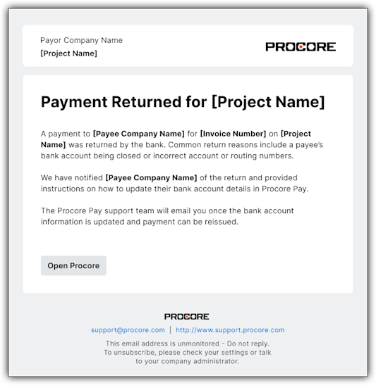 Procore payment return notification email template showing details about a returned payment and next steps for updating bank information.