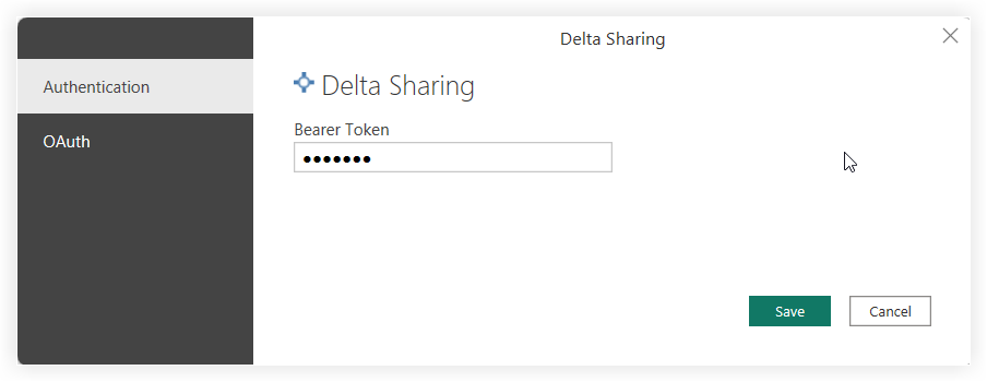 Delta Sharing authentication dialog showing Bearer Token field with masked input, Save and Cancel buttons.