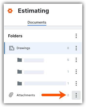 Estimating interface showing document folders with Drawings (8 items) and Attachments (2 items) highlighted with an orange arrow.