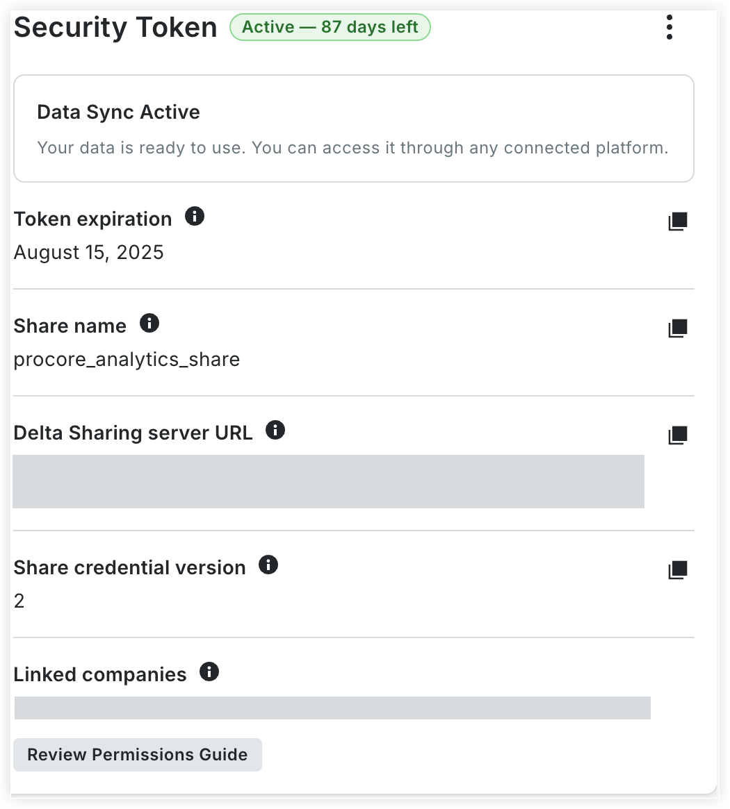 Security Token panel showing active status with 87 days left, token expiration, share name, server URL, and linked companies.