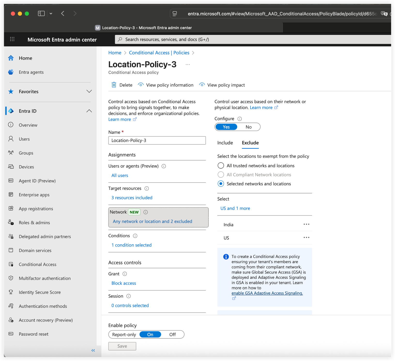 Microsoft Entra admin center showing Location-Policy-3 configuration page with conditional access settings based on network location.