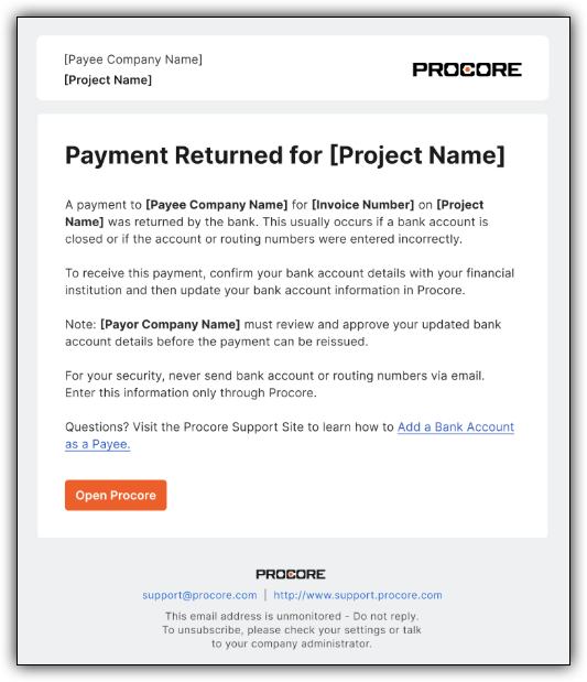 Procore payment returned notification email template showing instructions for updating bank account information